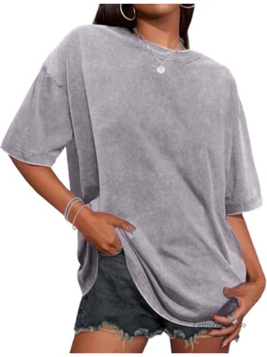 Tops - Oversized Women's Vintage Washed Cotton Crewneck Tee - Boxy Fit, Short Sleeve